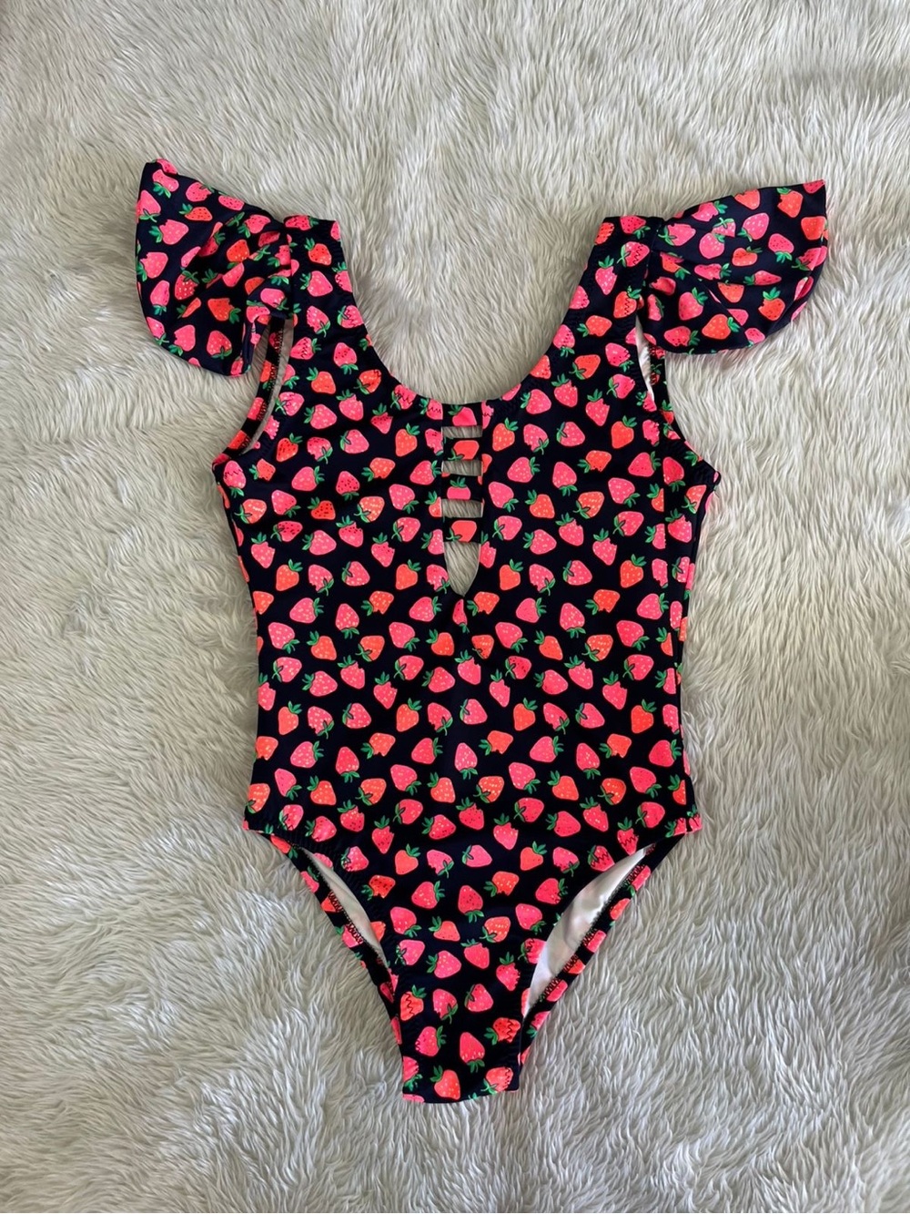 Black Strawberry-Print One-Piece Swimsuit with Flutter Shoulders